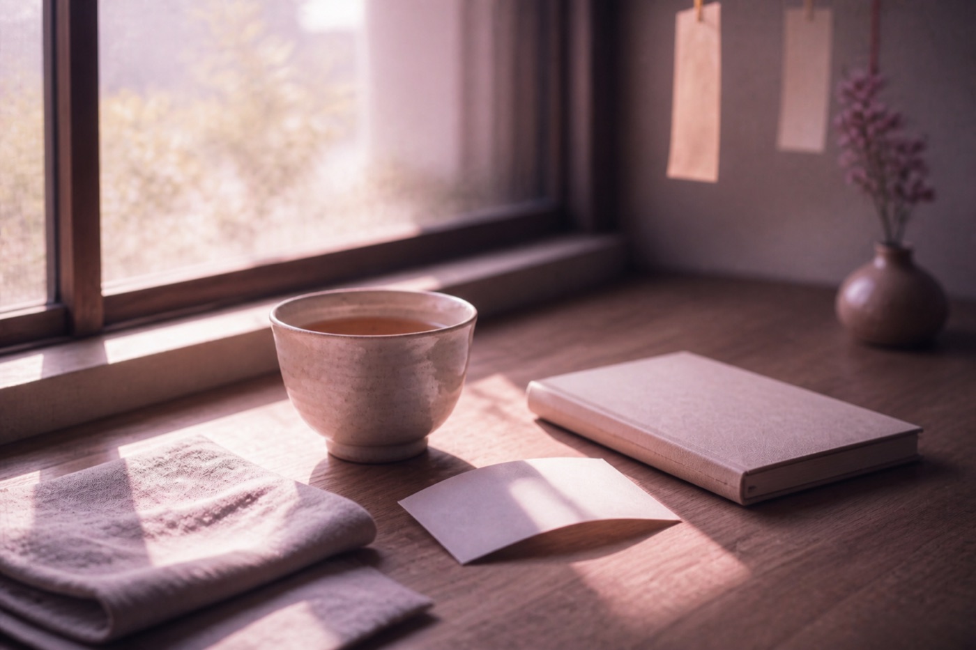朝の窓辺に置いたお茶とノート。毎日の運勢を、気軽な楽しみとして届けるサイト